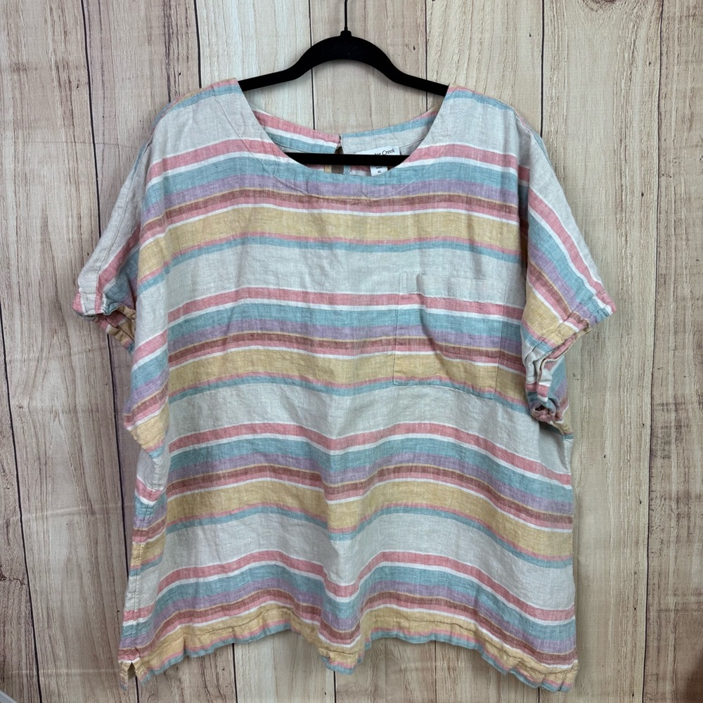 Coldwater Creek Multicolor Striped Linen Short Sleeve Blouse
